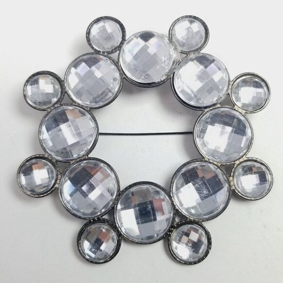 Vintage Large Silver Tone Rhinestone Circle Shape Brooch, Statement Sparkle - Picture 2 of 6